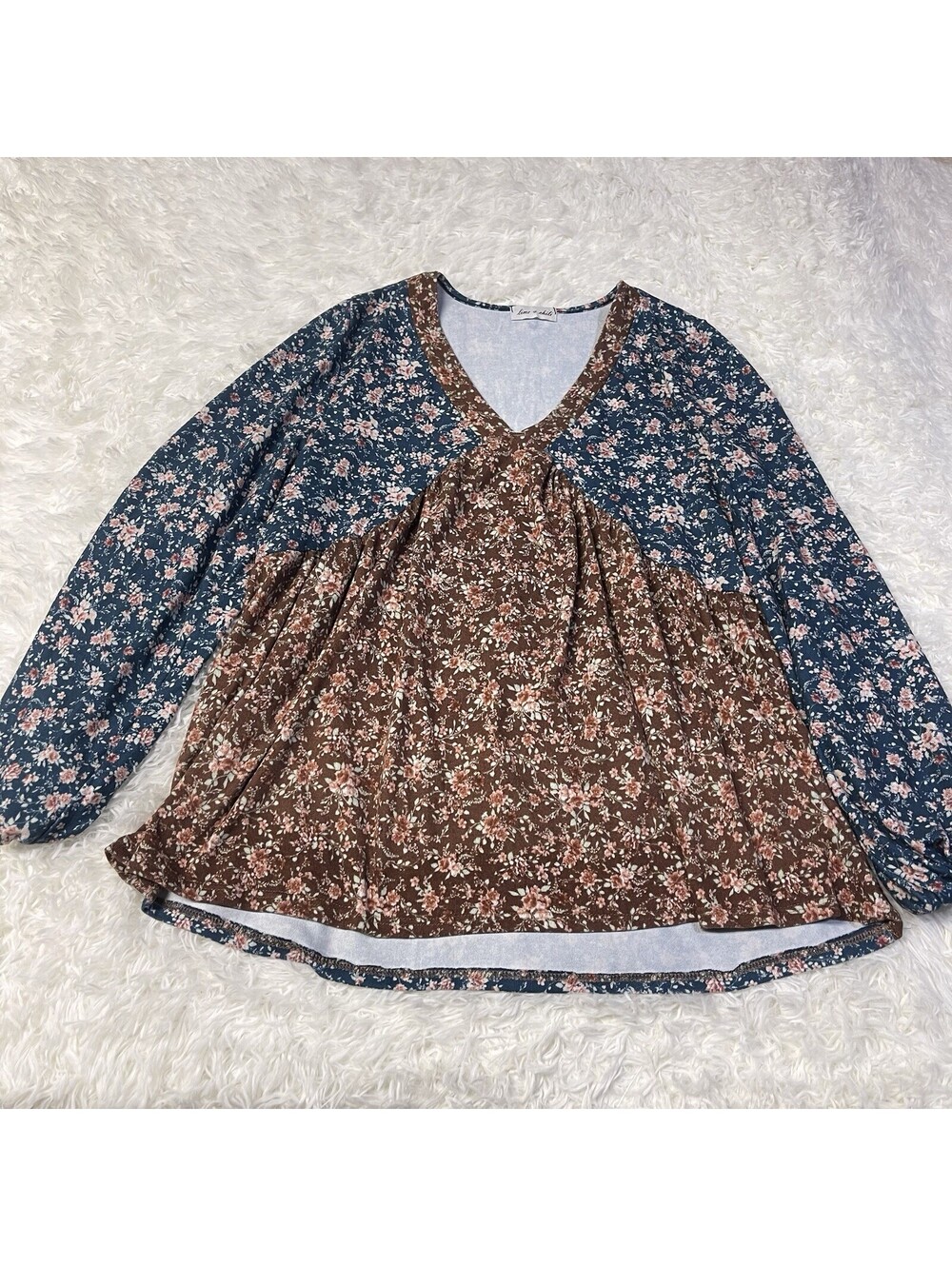 Lime n Chili size M Blue Brown Floral Print Loose Fitting Long Sleeve Top